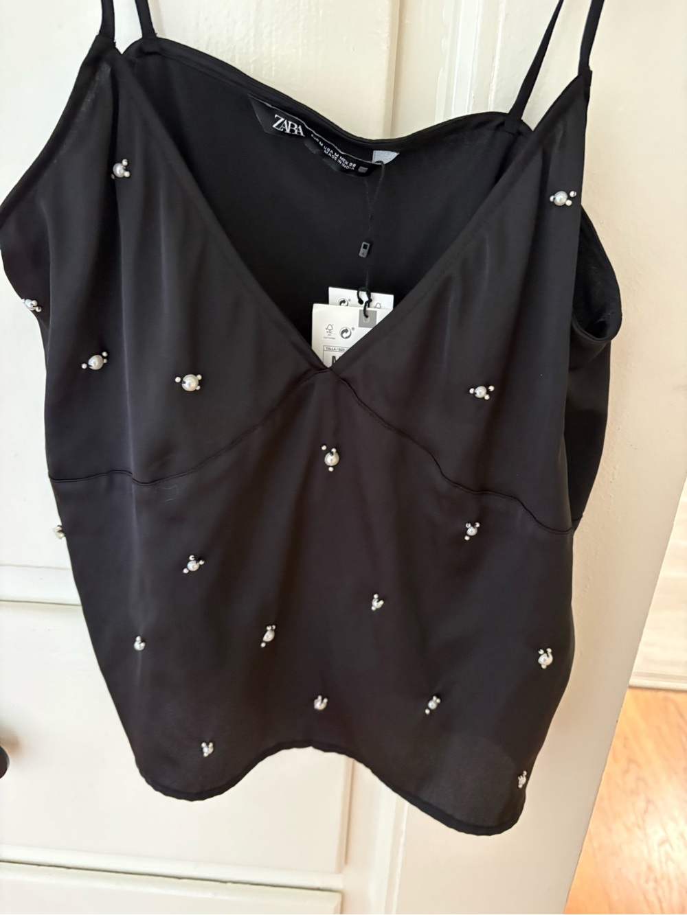 Zara Black Pearl-Embellished V-Neck Spaghetti-Strap Cami